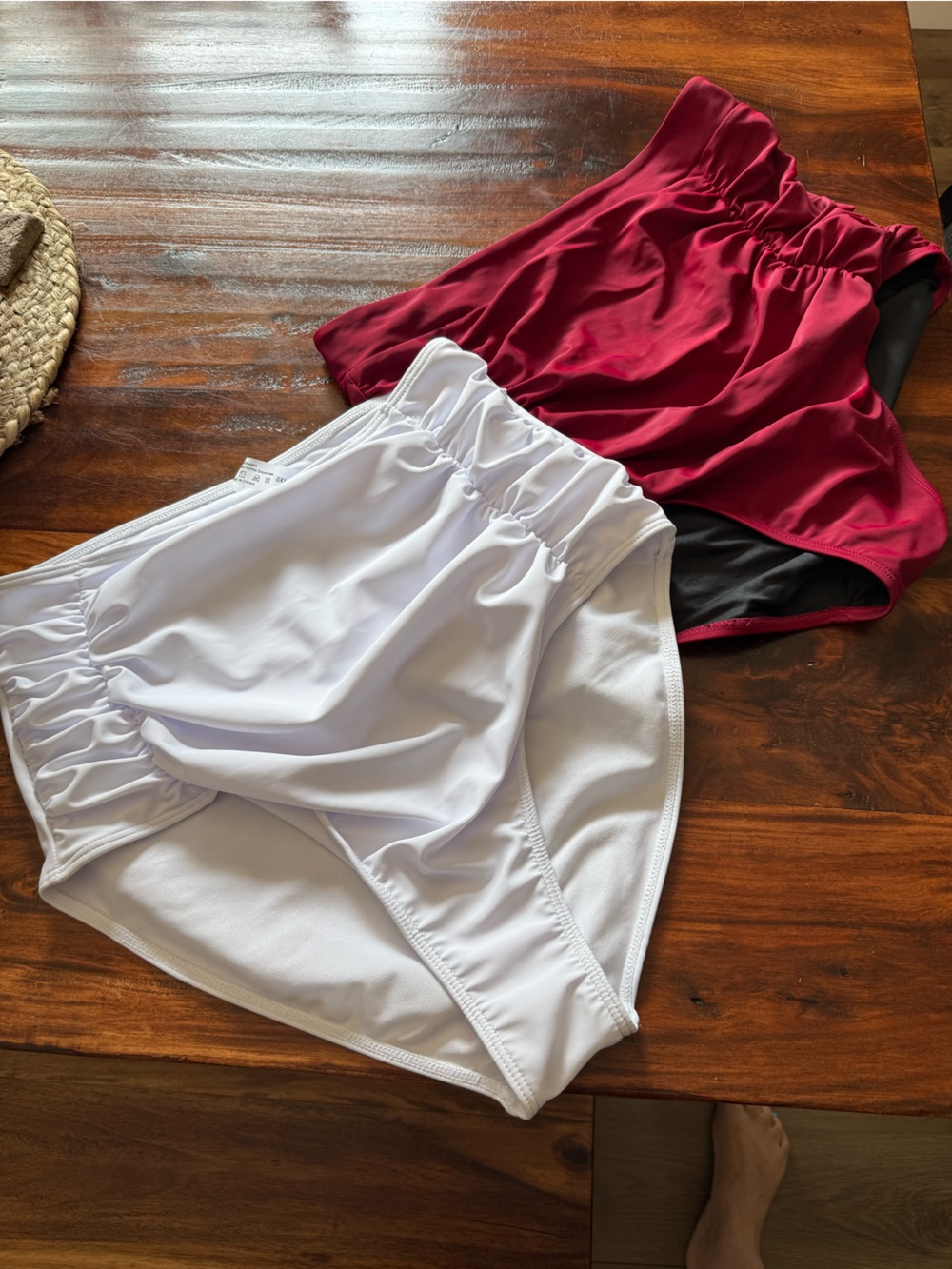 High-Waist Swim Bottoms in White and Wine Red